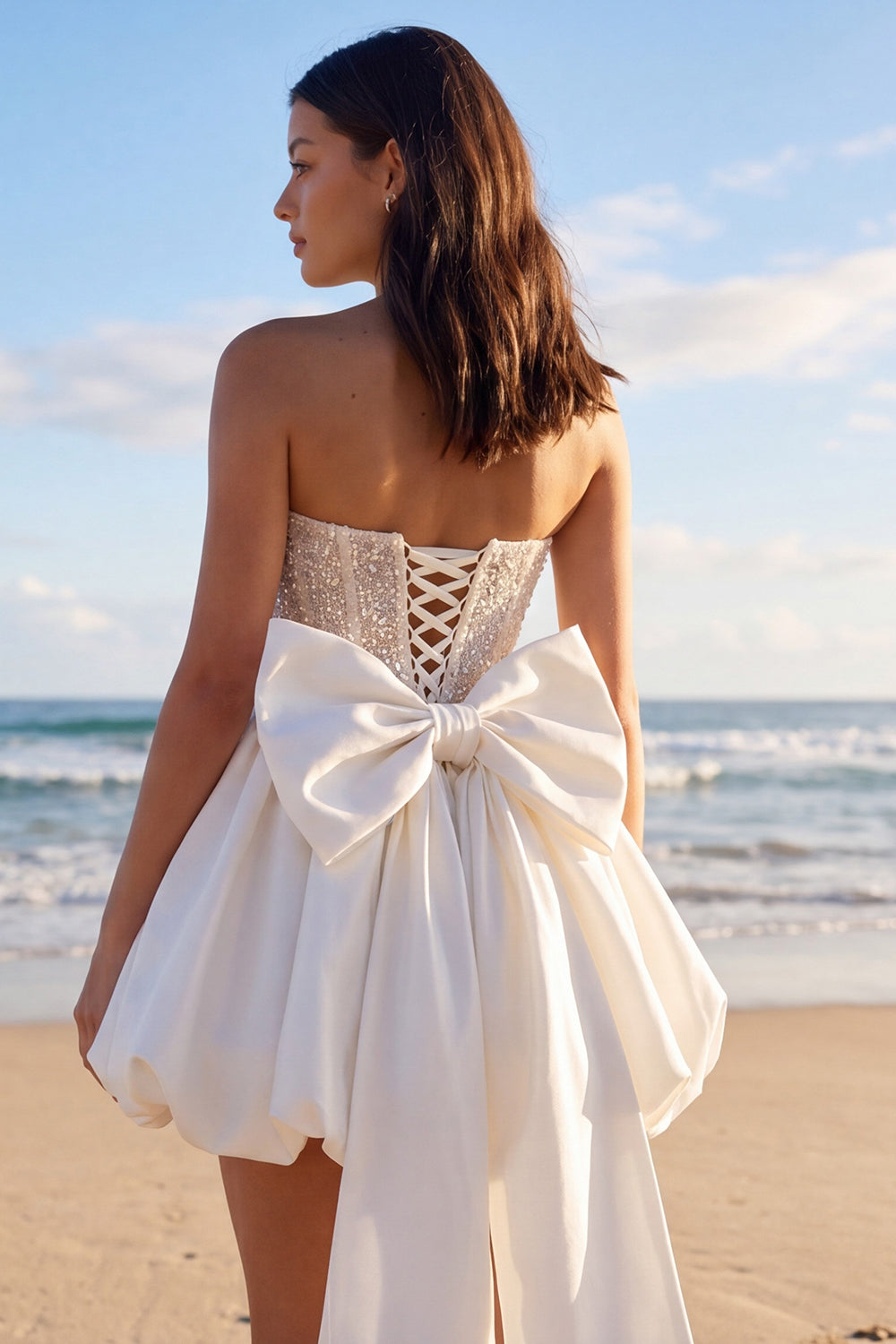 Corset Sparkly Strapless Ivory Beaded A Line Short Rehearsal Dinner Dress with Bow