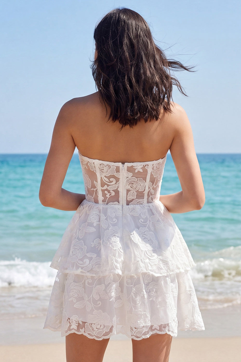 Strapless Ivory Tiered A Line Floral Lace Short Wedding Reception Dress