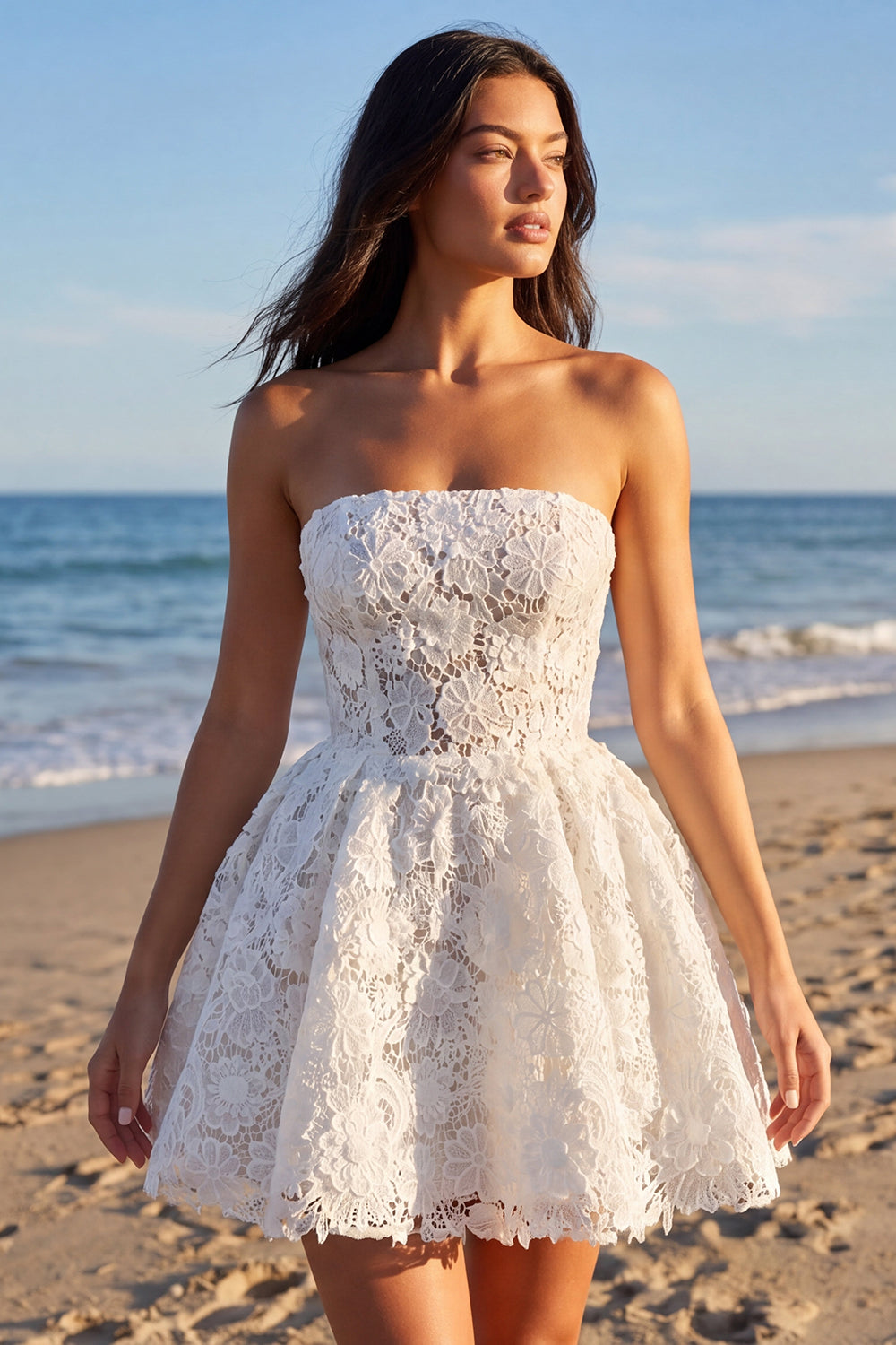 Lace Strapless Floral A Line Short Ivory Boho Engagement Dress