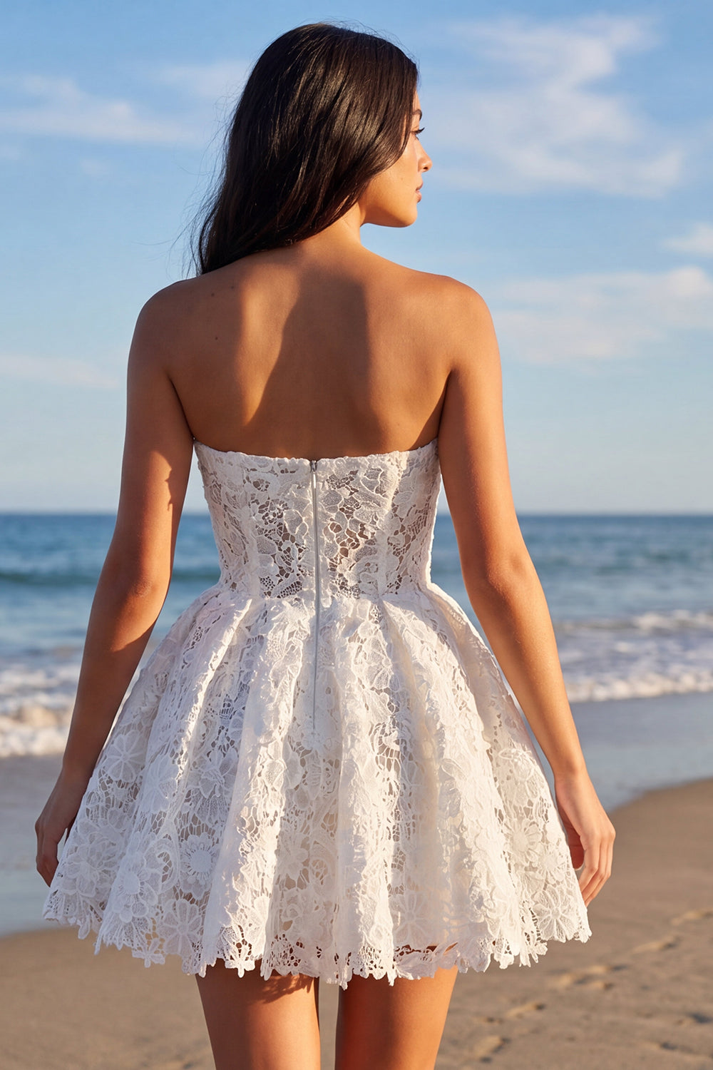 Lace Strapless Floral A Line Short Ivory Boho Engagement Dress