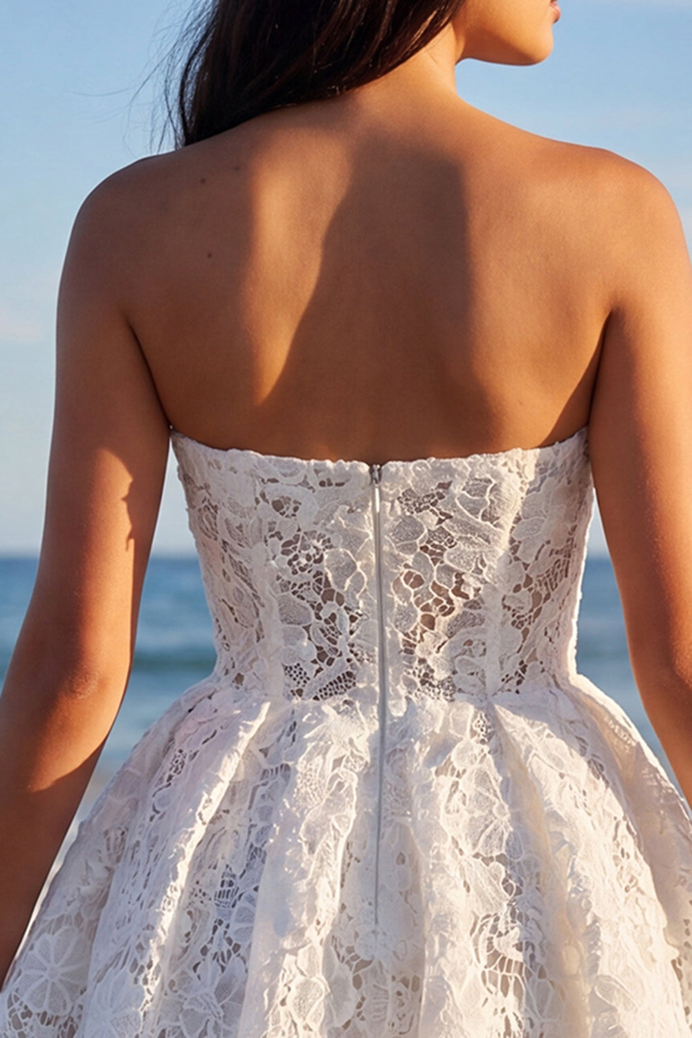 Lace Strapless Floral A Line Short Ivory Boho Engagement Dress