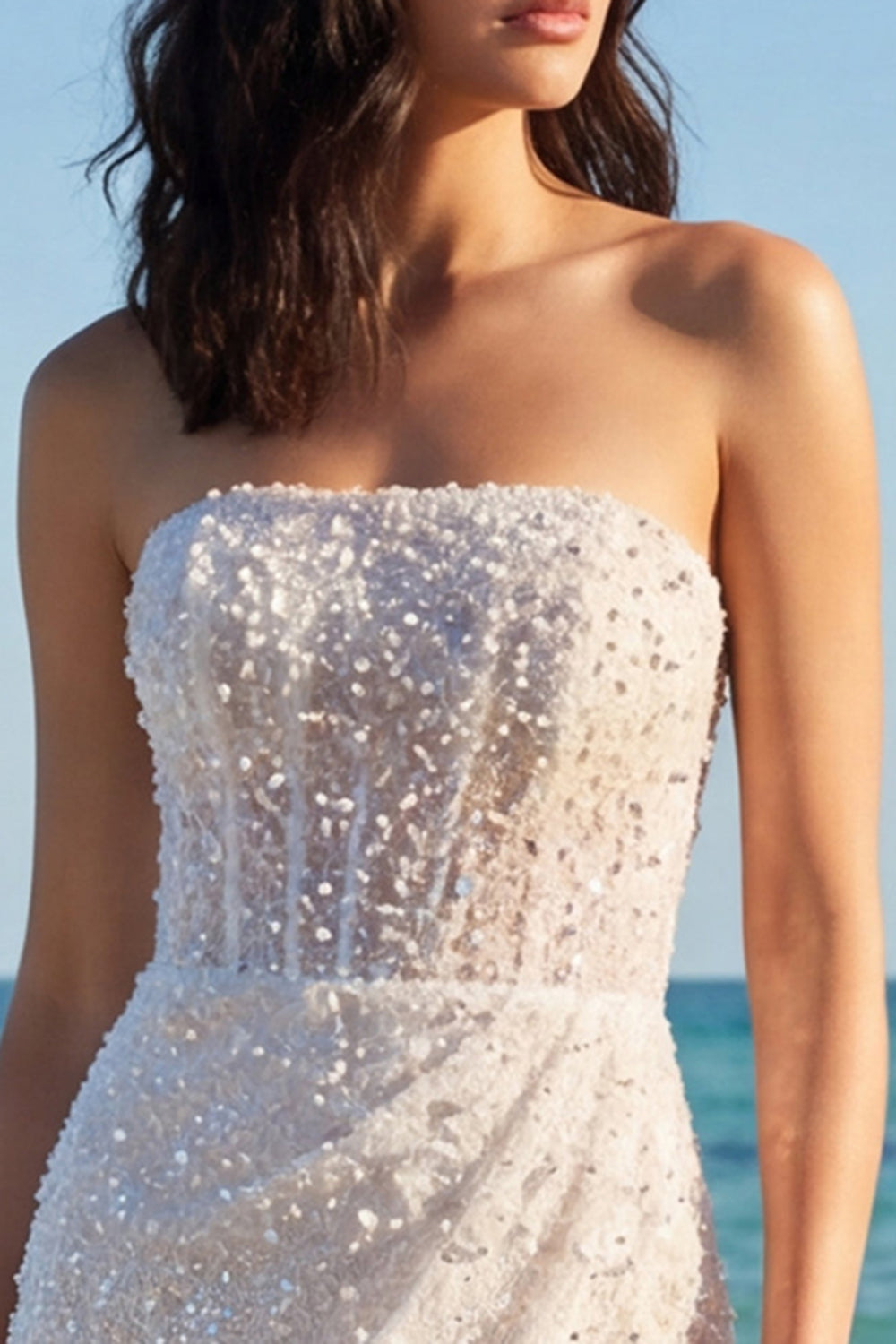 Sparkly Strapless Ivory Corset Beaded Tight Short Wedding Reception Dress
