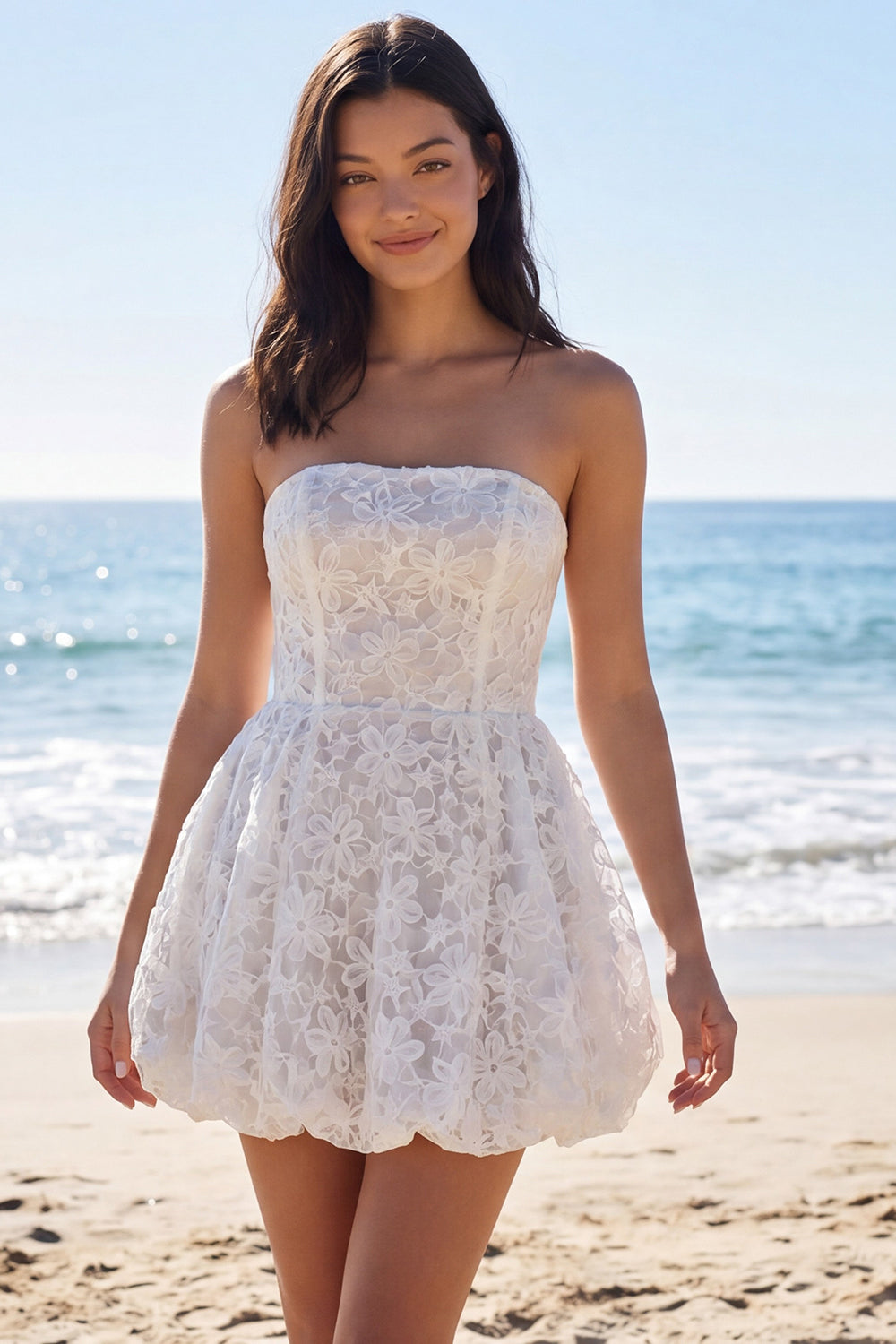 Floral Strapless Short A Line Lace Ivory Engagement Dress