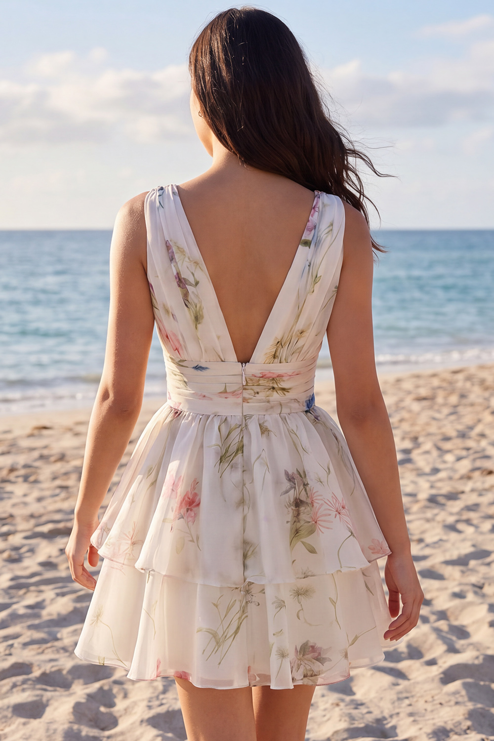 Floral Ruched V-Neck A Line Short Ivory Beach Wedding Reception Dress
