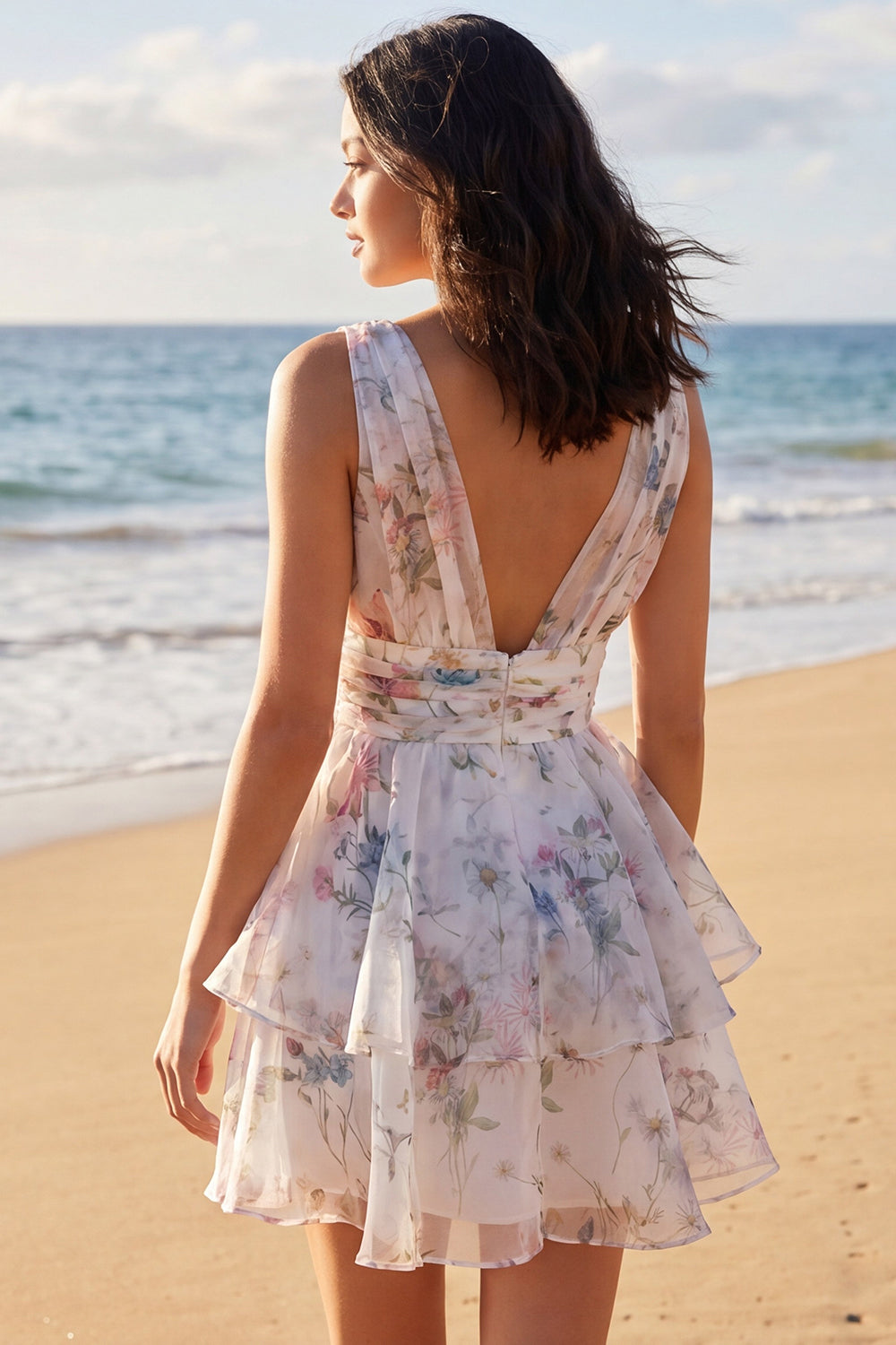 Floral Ruched V-Neck A Line Short Ivory Beach Wedding Reception Dress