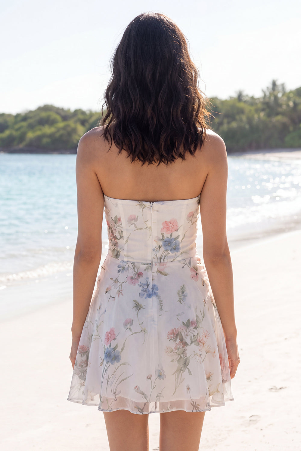Floral Cut Out Strapless A Line Short Ivory Beach Wedding Reception Dress