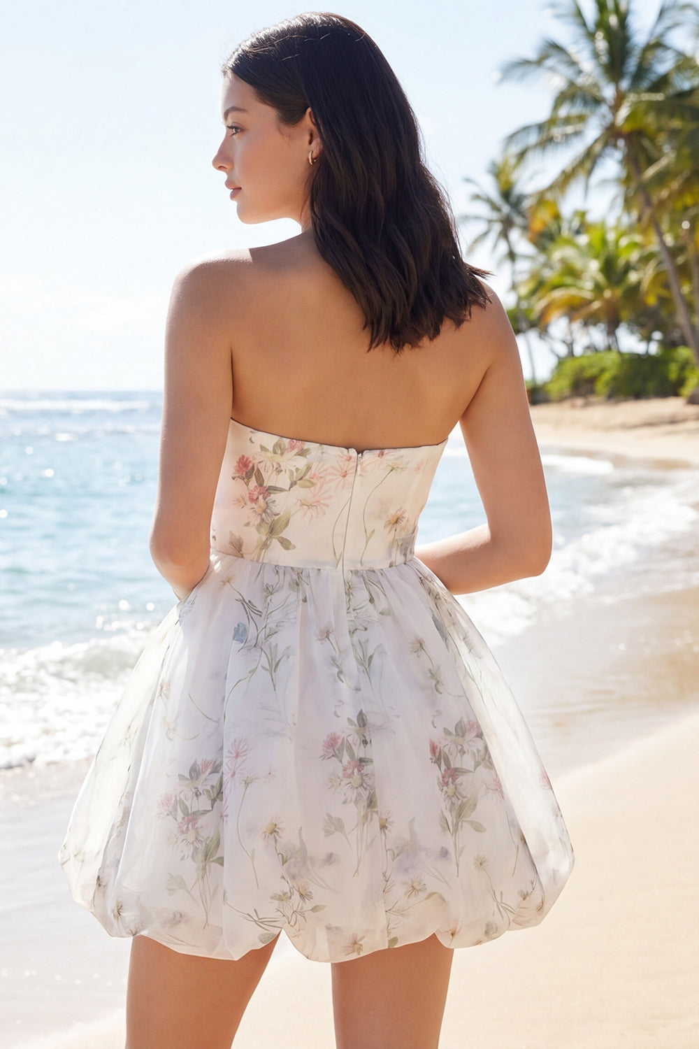 Floral Ivory Strapless A Line Short Beach Wedding Reception Dress