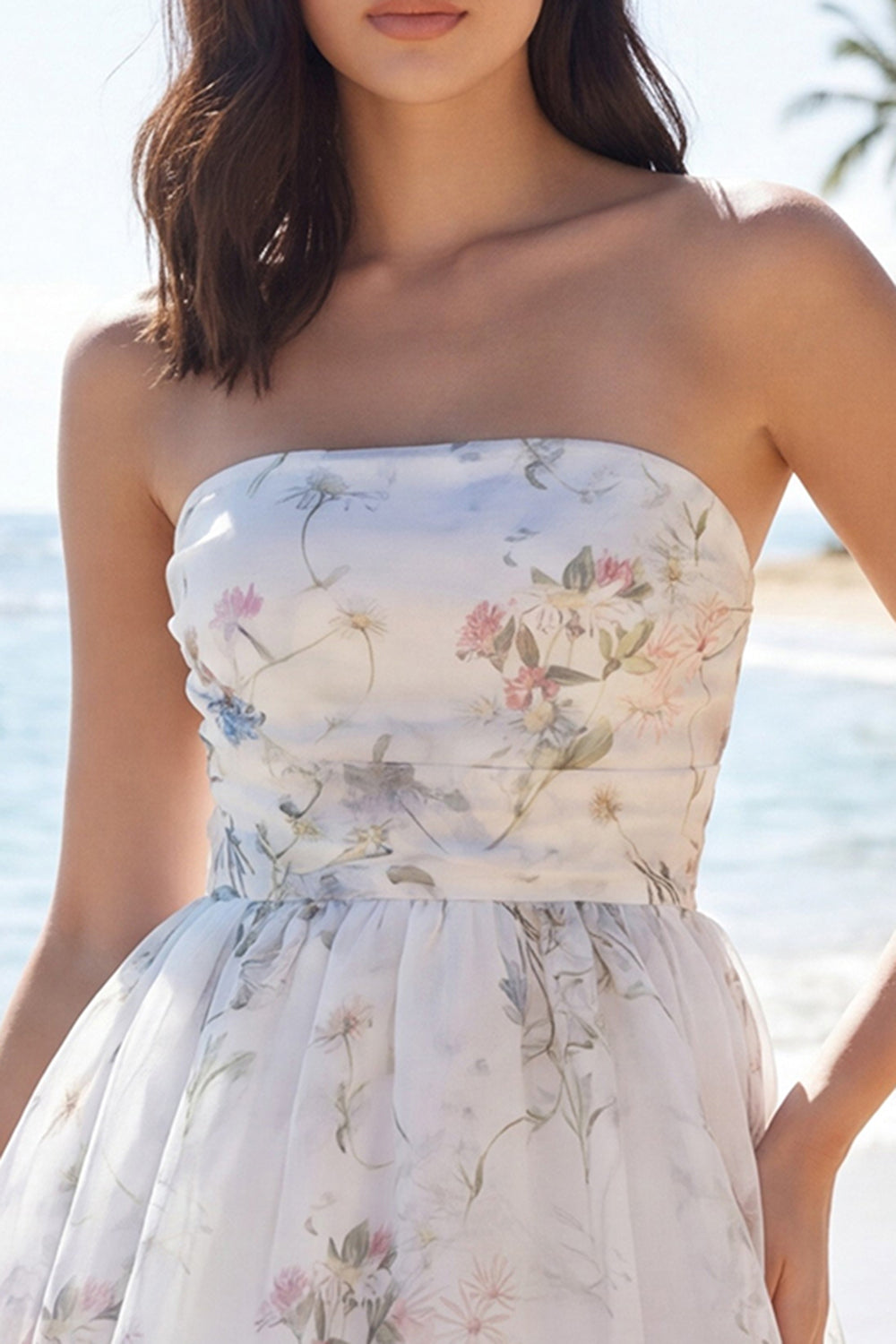 Floral Ivory Strapless A Line Short Beach Wedding Reception Dress