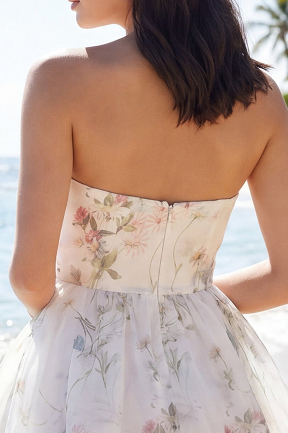 Floral Ivory Strapless A Line Short Beach Wedding Reception Dress