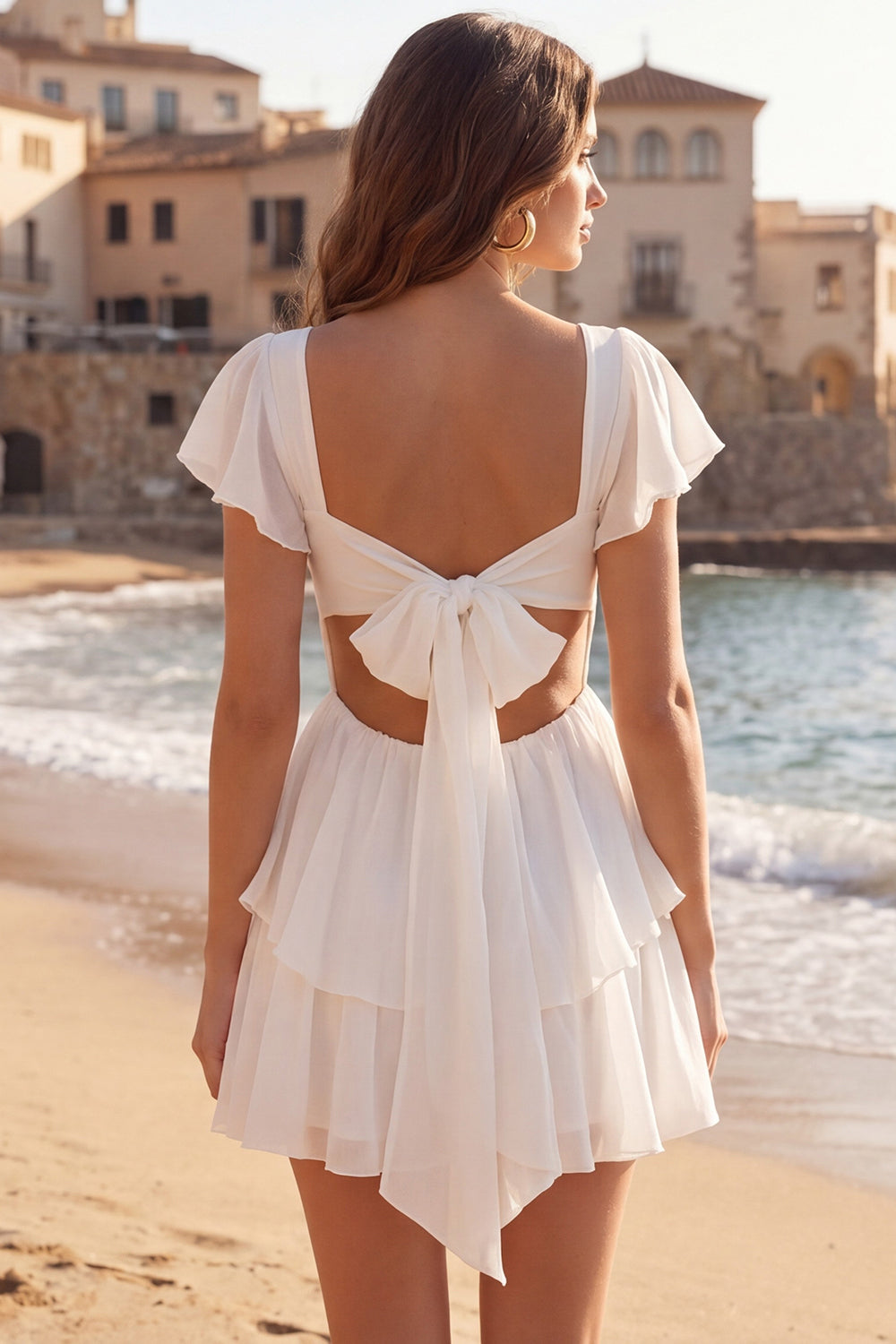 V-Neck A Line Ivory Short Beach Wedding Reception Dress with Ruffles