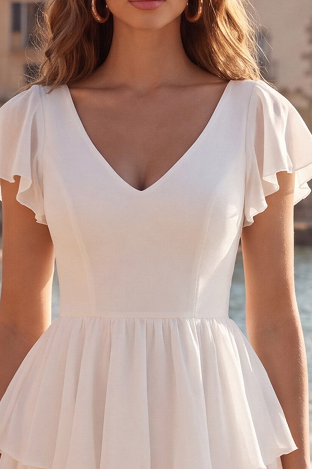 V-Neck A Line Ivory Short Beach Wedding Reception Dress with Ruffles