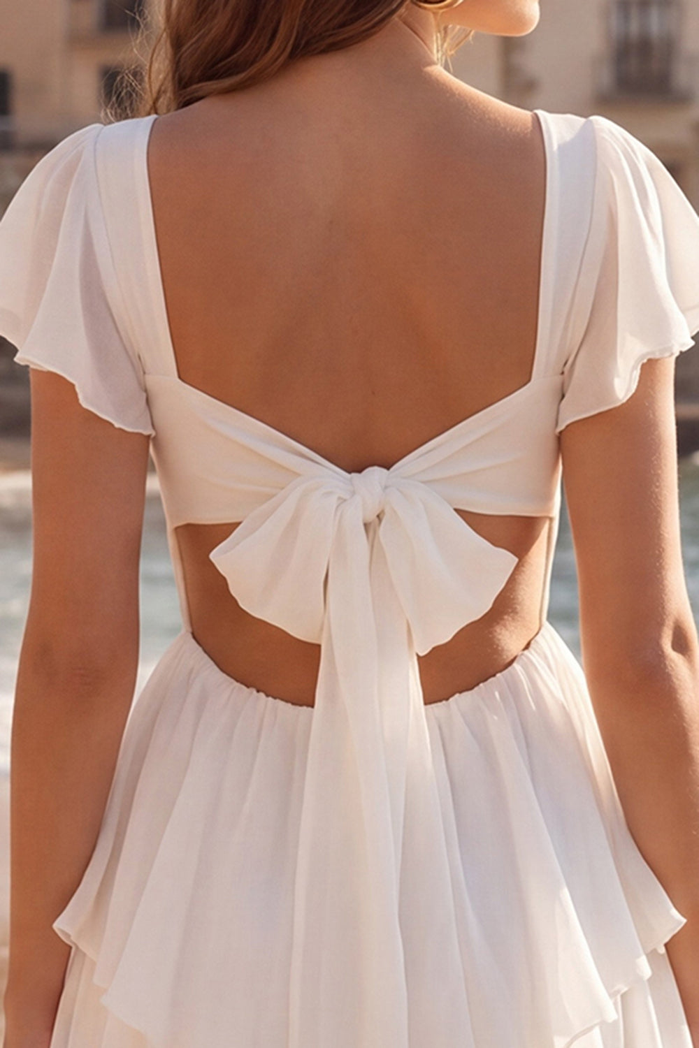 V-Neck A Line Ivory Short Beach Wedding Reception Dress with Ruffles
