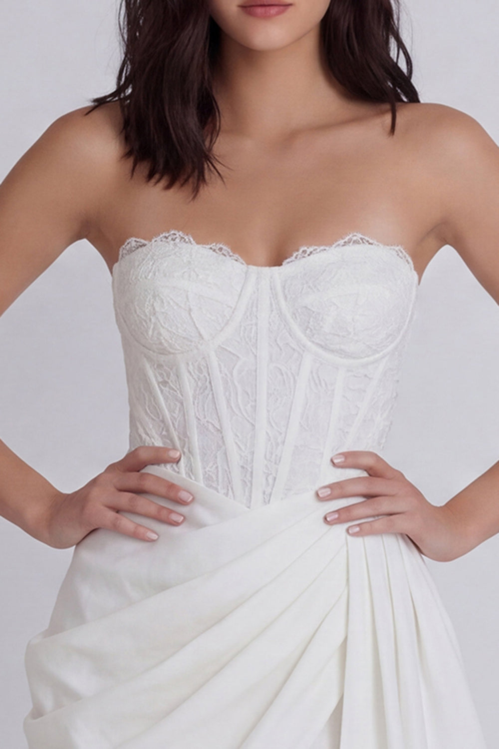 Strapless Ruched Short Corset Ivory Beach Engagement Dress with Sash