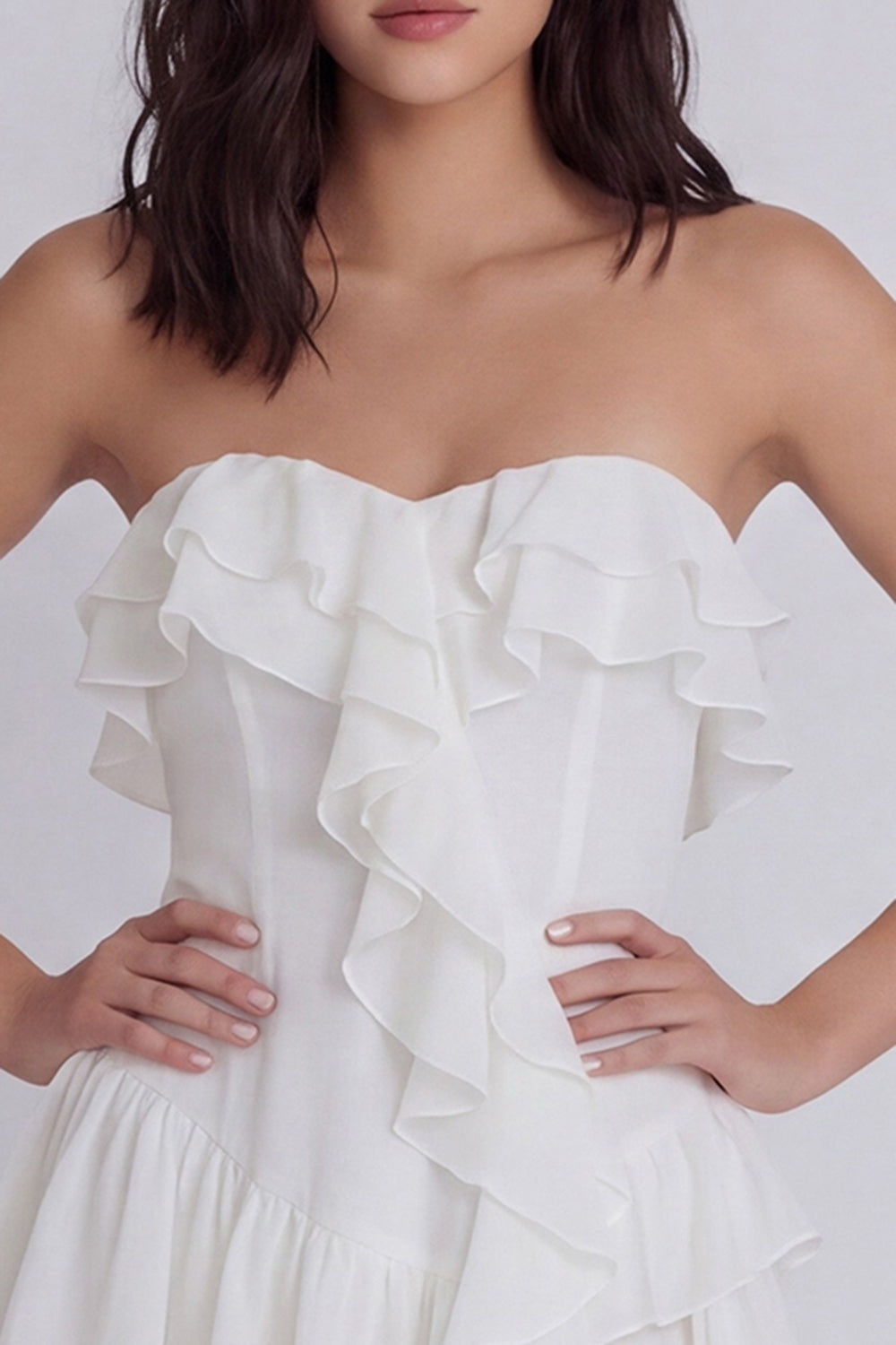 Strapless A Line Ivory Short Beach Wedding Reception Dress with Ruffles