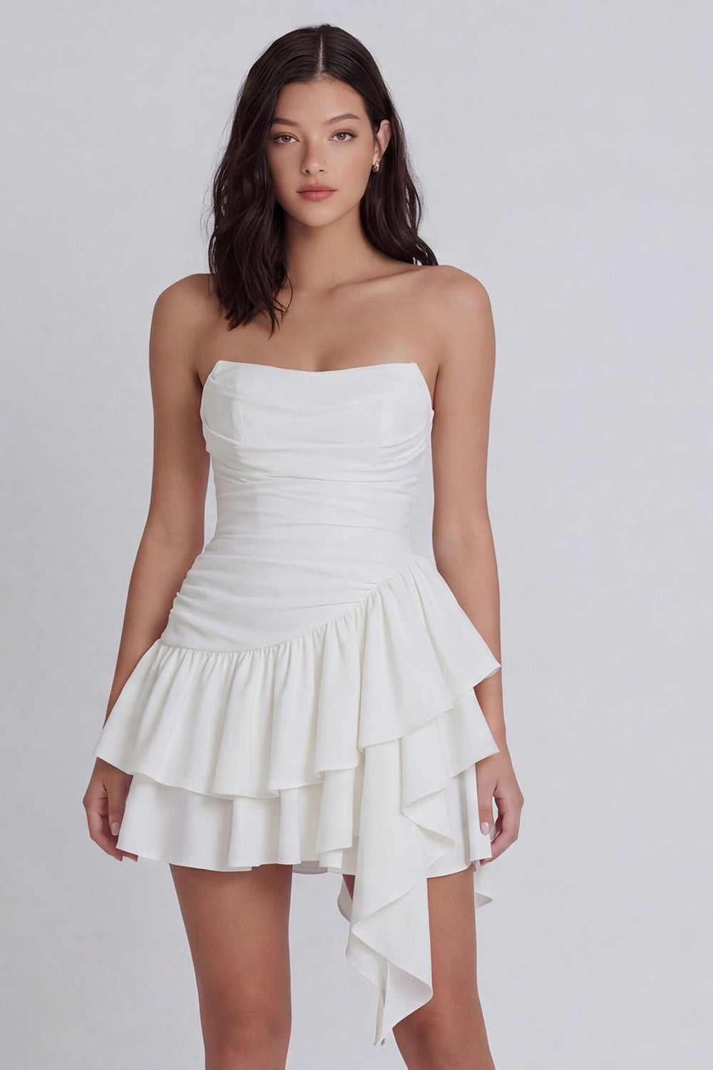 Strapless Ruched A Line Short Ivory Beach Engagement Dress with Ruffles
