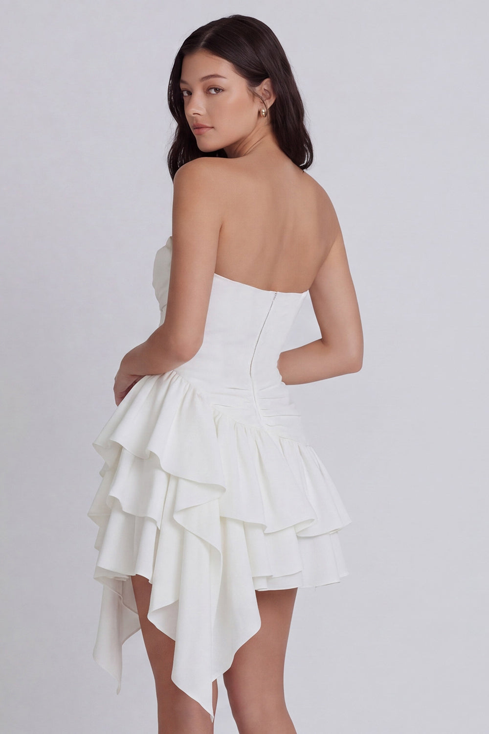 Strapless Ruched A Line Short Ivory Beach Engagement Dress with Ruffles