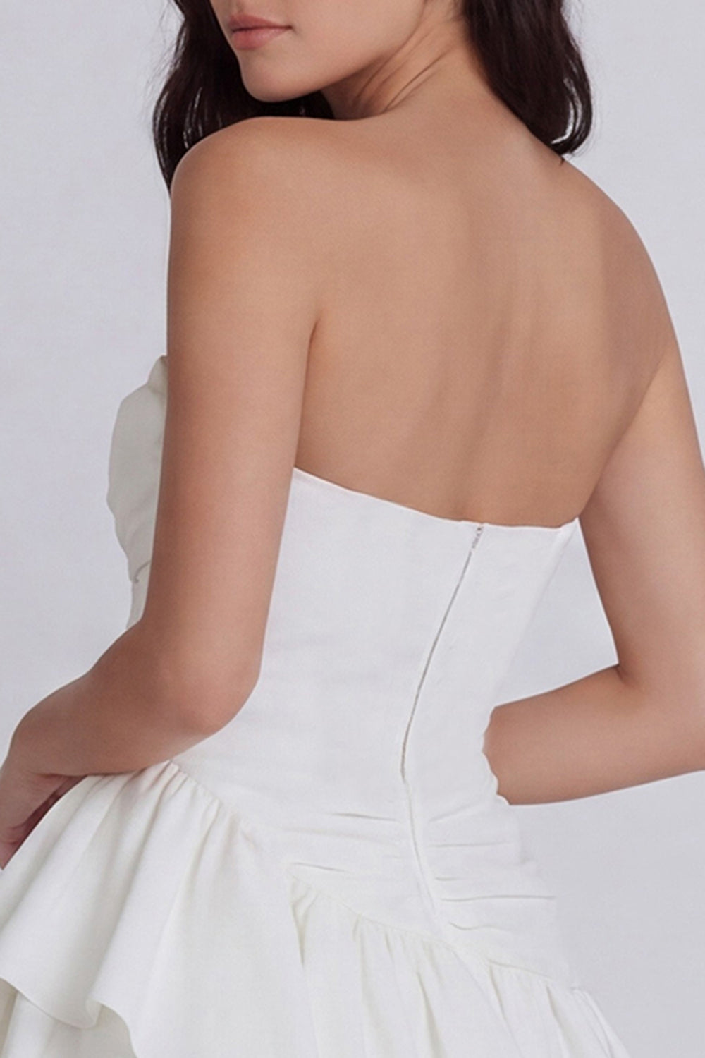 Strapless Ruched A Line Short Ivory Beach Engagement Dress with Ruffles