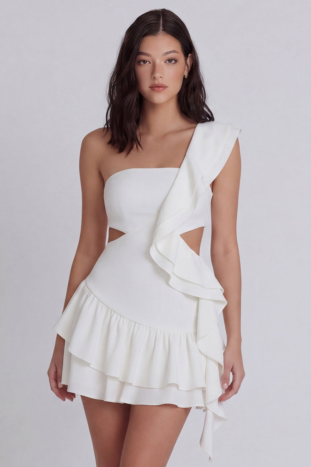 Cut Out One Shoulder A Line Short Beach Ivory Engagement Dress with Ruffles