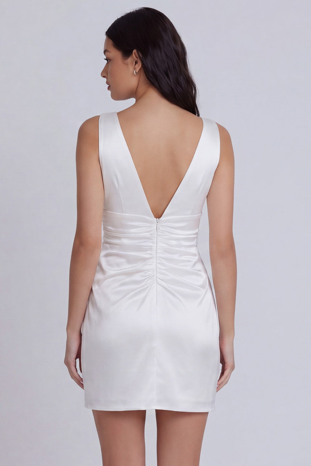 V-Neck Tight Ruched Short Ivory Graduation Dress