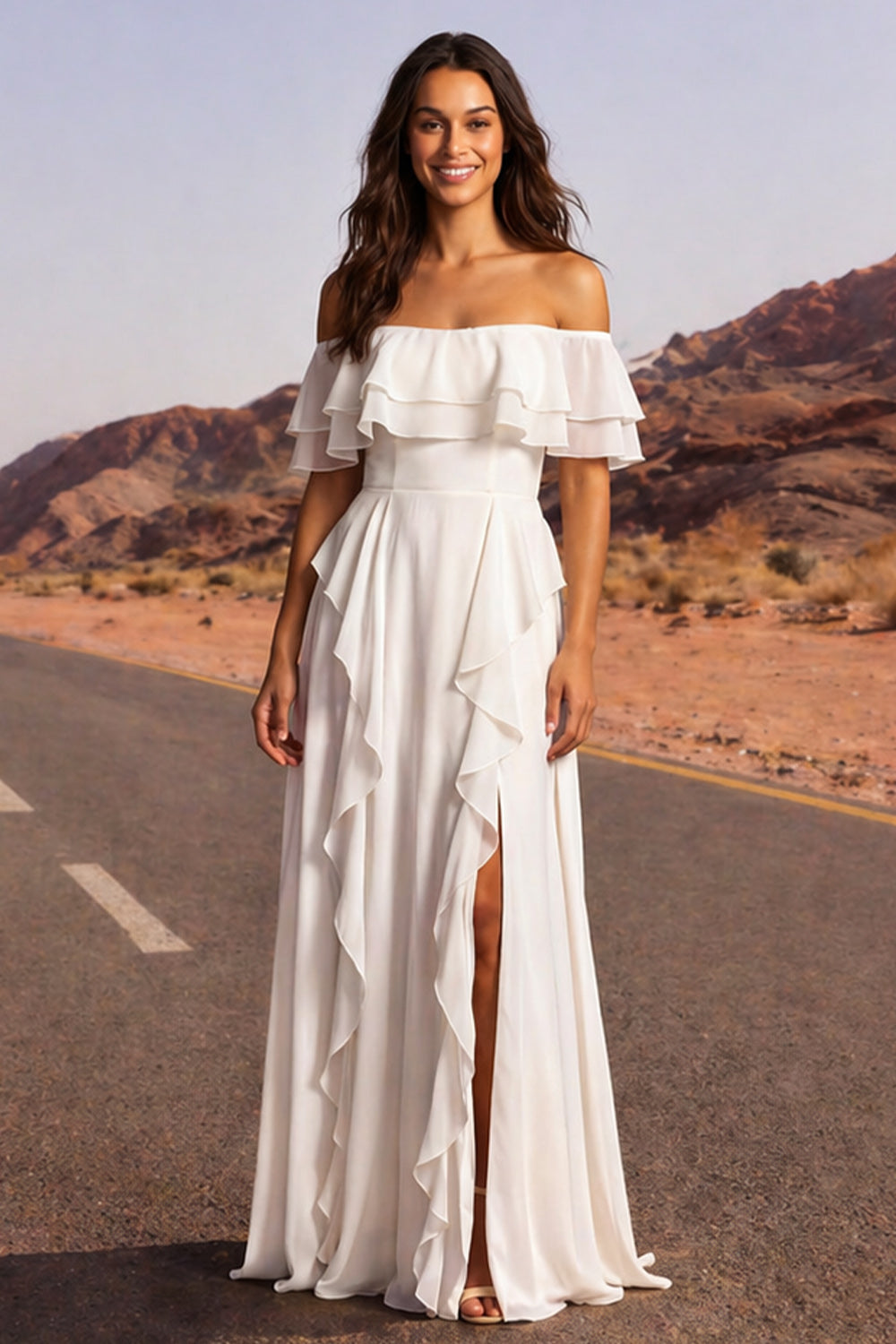 Off the Shoulder Ivory A Line Floor Length Beach Wedding Reception Dress with Ruffles