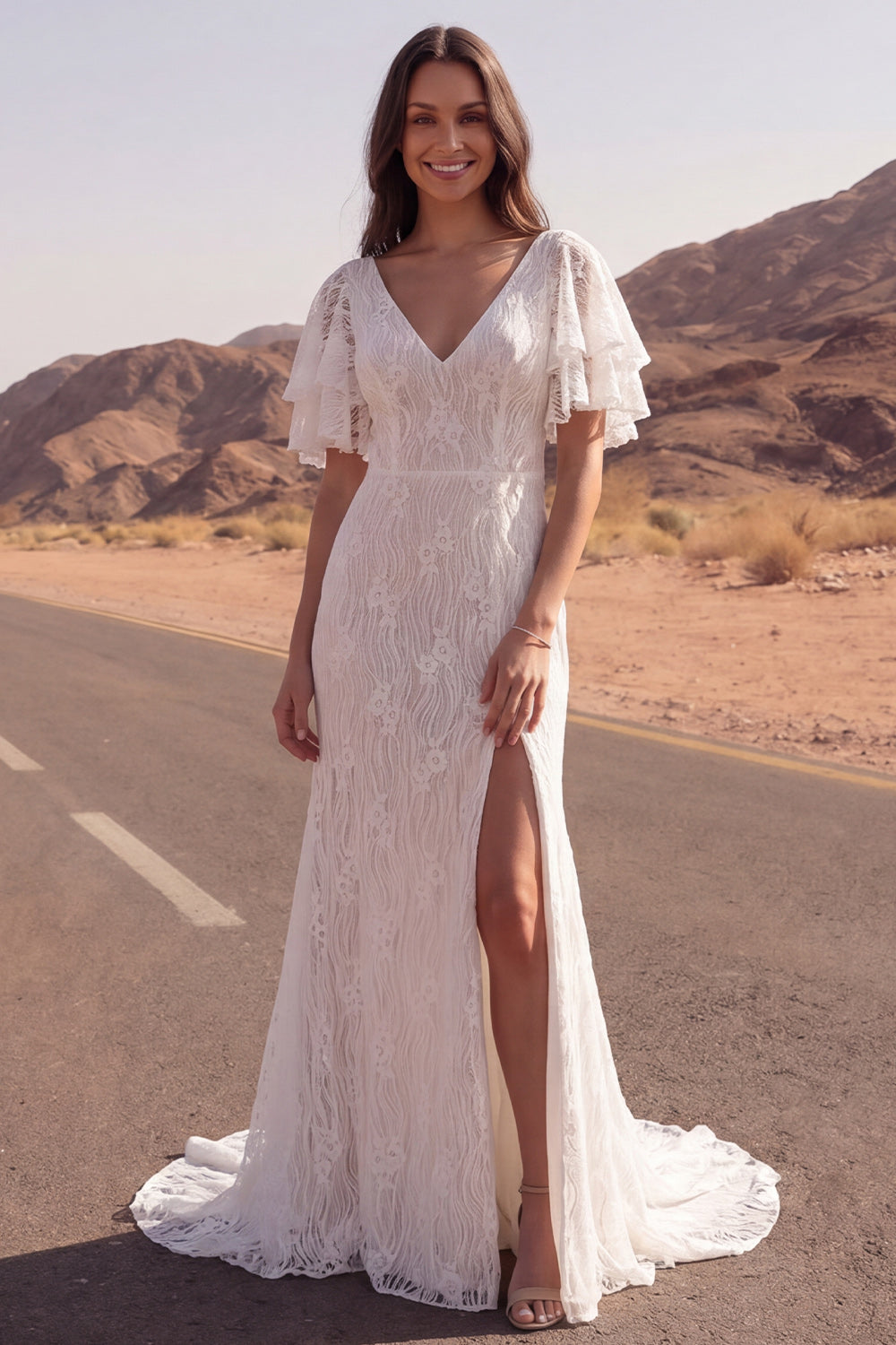 V-Neck Floral Ivory Mermaid Sweep Train Lace Boho Wedding Reception Dress with Slit