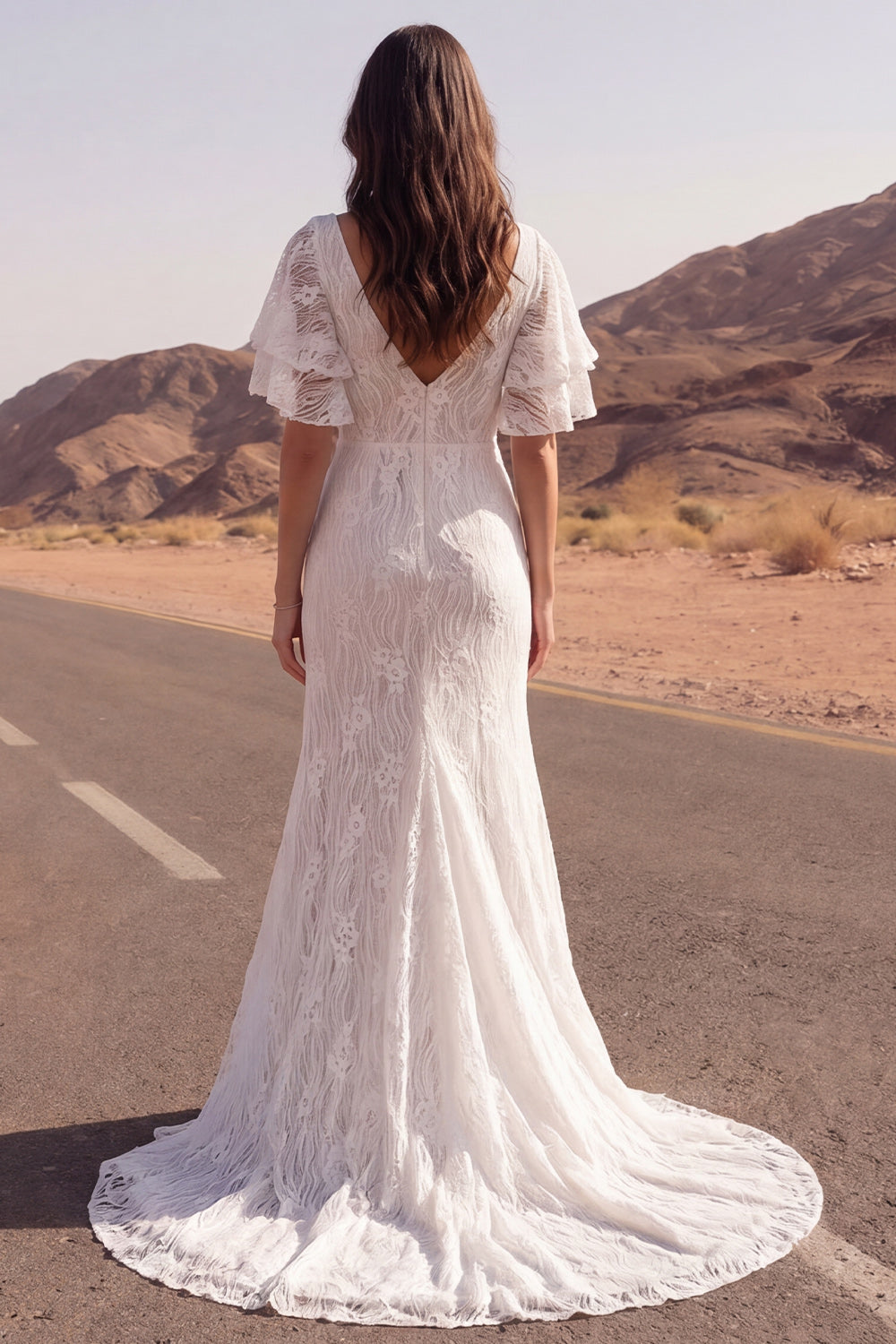 V-Neck Floral Ivory Mermaid Sweep Train Lace Boho Wedding Reception Dress with Slit