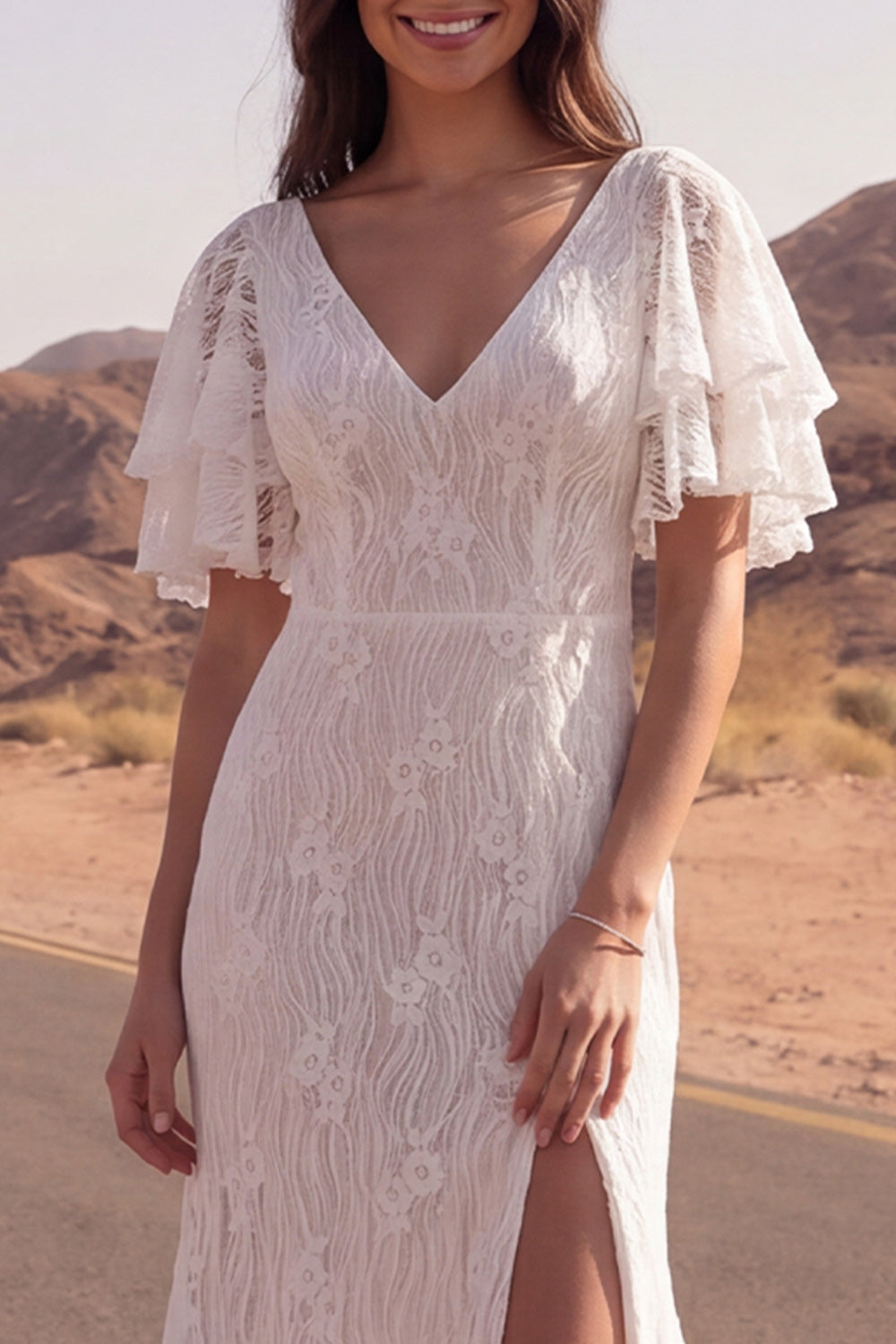 V-Neck Floral Ivory Mermaid Sweep Train Lace Boho Wedding Reception Dress with Slit