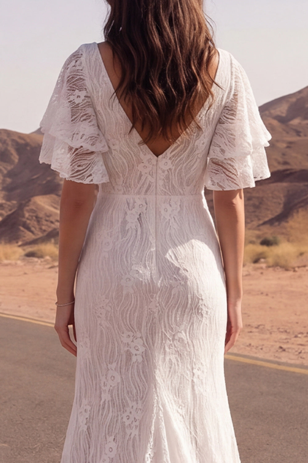 V-Neck Floral Ivory Mermaid Sweep Train Lace Boho Wedding Reception Dress with Slit