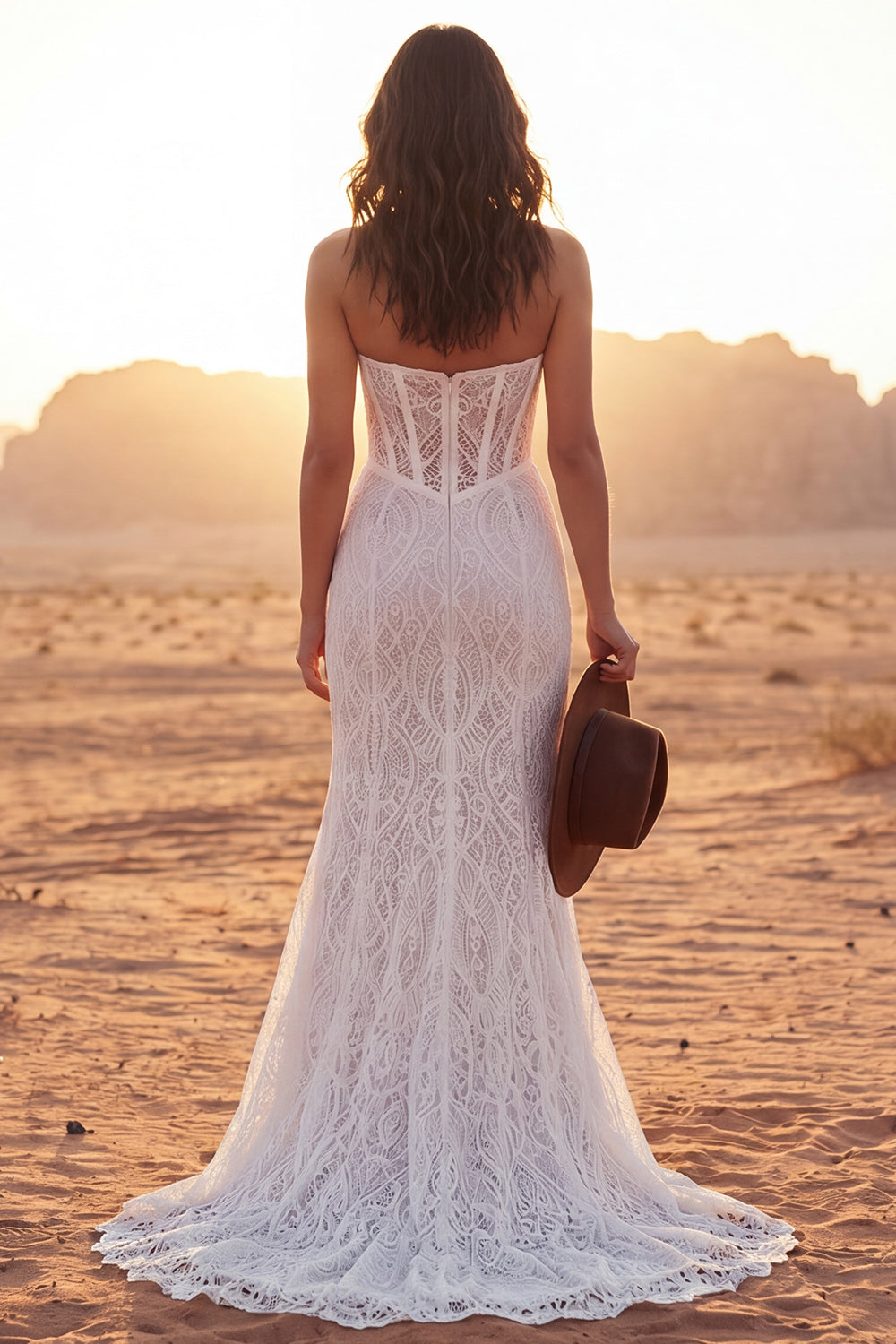 Corset Strapless Ivory Mermaid Sweep Train Floral Lace Boho Wedding Reception Dress with Slit