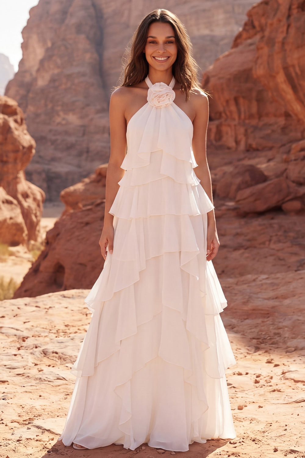 Halter Ivory A Line Sweep Train Ruffled Beach Wedding Reception Dress with 3D Flower