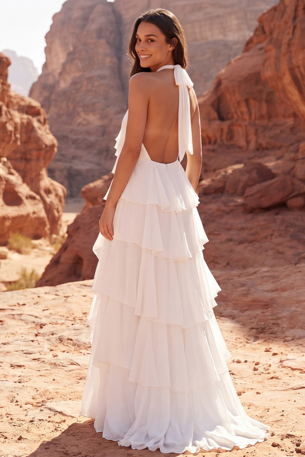 Halter Ivory A Line Sweep Train Ruffled Beach Wedding Reception Dress with 3D Flower