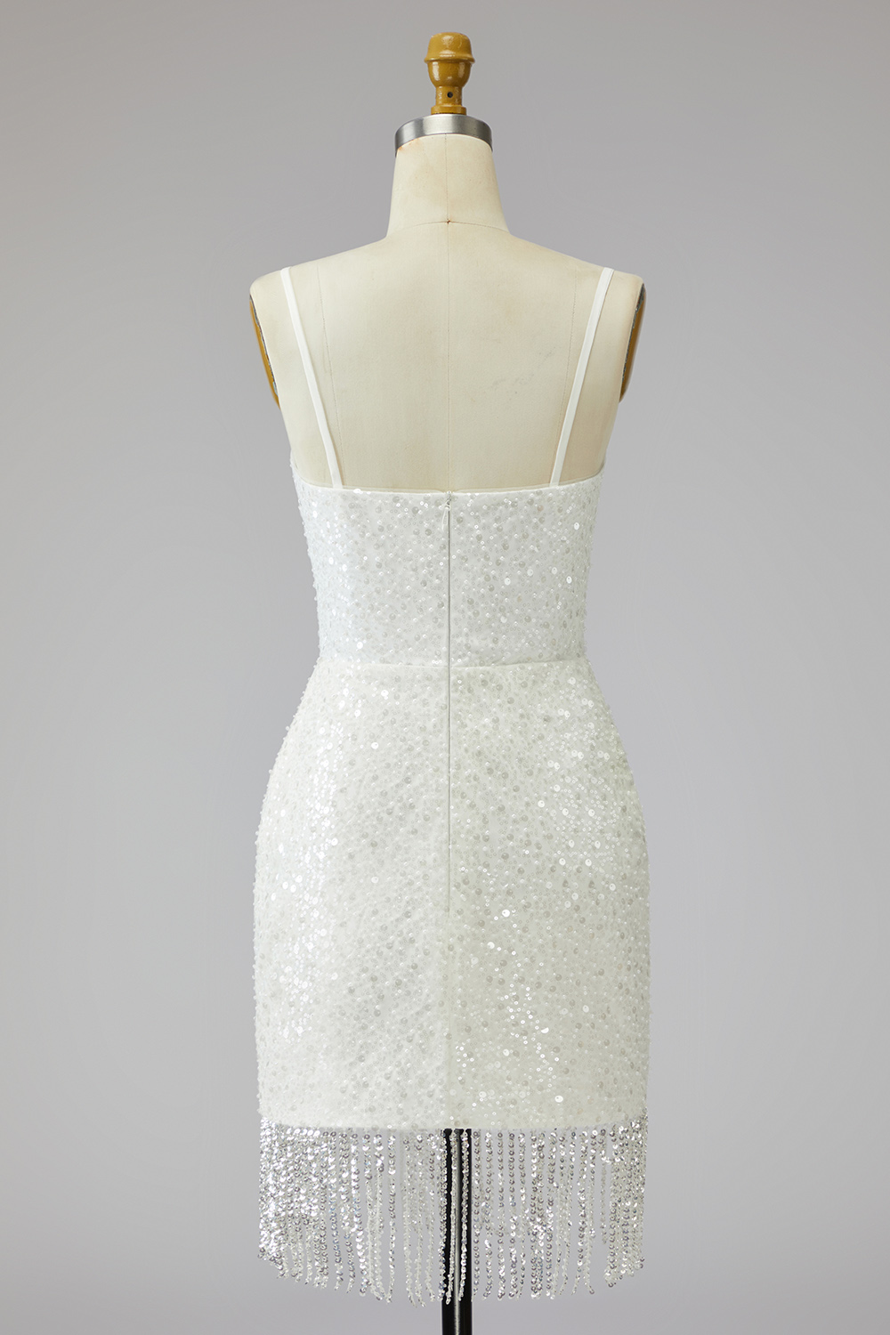 Tight Short Sparkly Ivory Spaghetti Straps Beaded Graduation Dress with Fringes