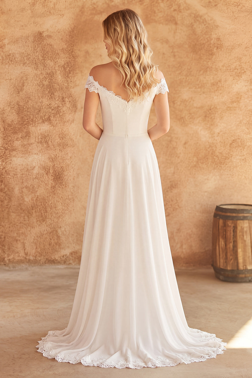 Ivory Off the Shoulder A Line Sweep Train Beach Wedding Reception Dress with Lace