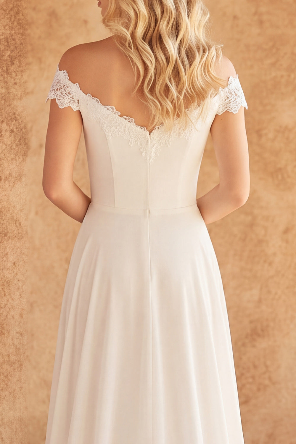 Ivory Off the Shoulder A Line Sweep Train Beach Wedding Reception Dress with Lace