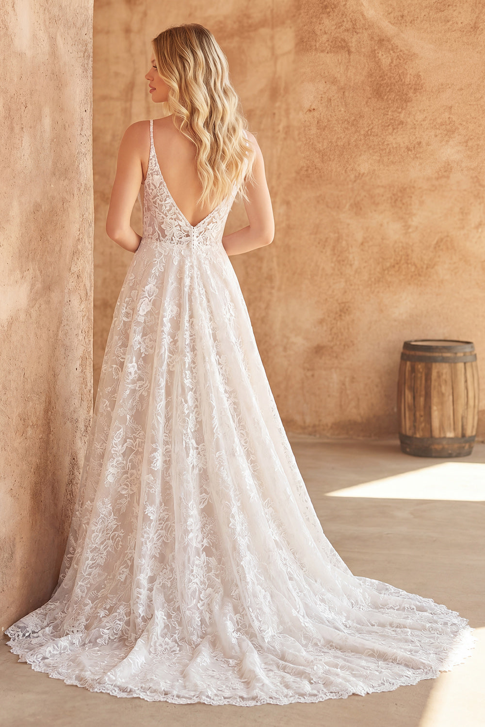 Lace Ivory V-Neck Floral A Line Sweep Train Boho Rehearsal Dinner Dress