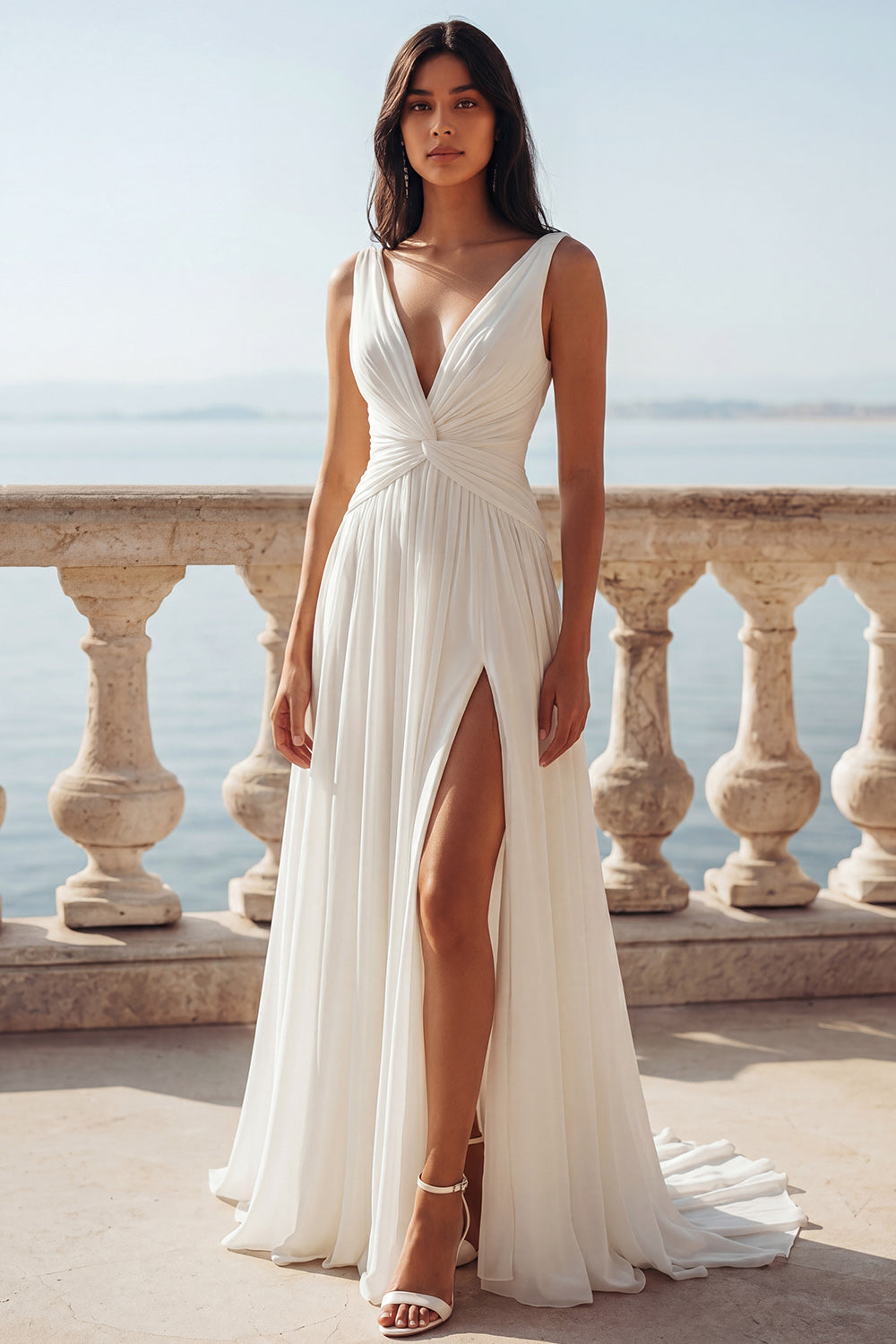 Ivory V-Neck Ruched A Line Sweep Train Beach Engagement Dress with Slit