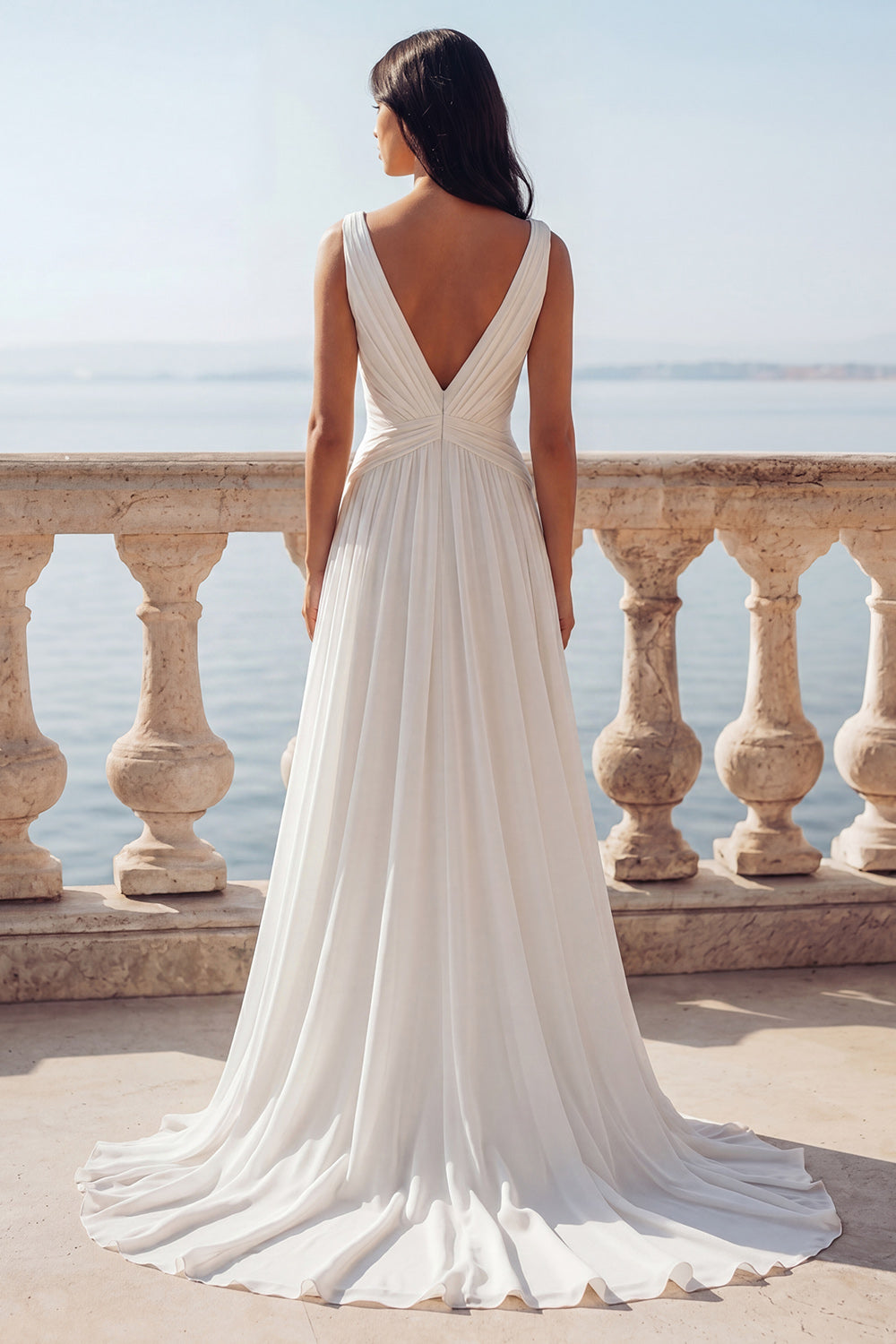 Ivory V-Neck Ruched A Line Sweep Train Beach Engagement Dress with Slit