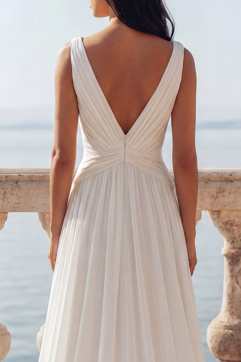 Ivory V-Neck Ruched A Line Sweep Train Beach Engagement Dress with Slit