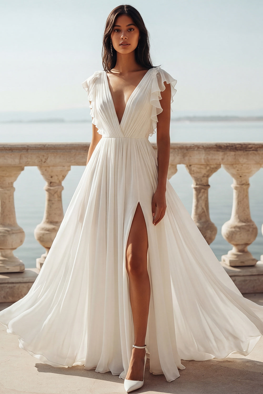 Ruffled Ruched V-Neck Ivory A Line Sweep Train Beach Bridal Shower Dress with Slit