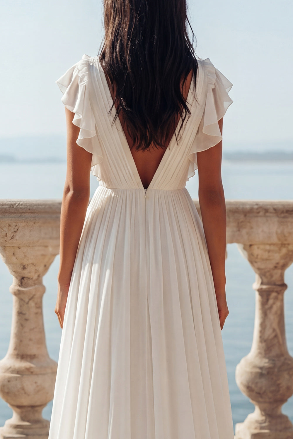 Ruffled Ruched V-Neck Ivory A Line Sweep Train Beach Bridal Shower Dress with Slit