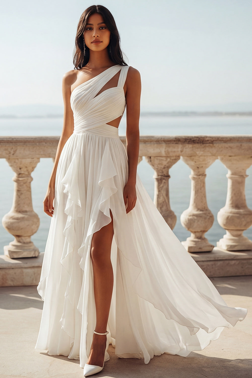 Ruffled Keyhole Ivory A Line Beach Sweep Train Wedding Reception Dress with Slit