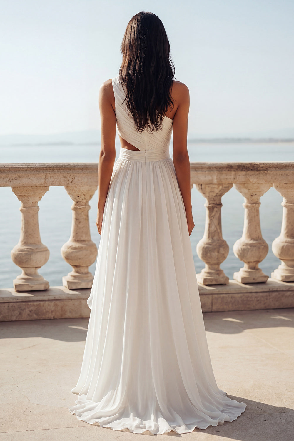 Ruffled Keyhole Ivory A Line Beach Sweep Train Wedding Reception Dress with Slit