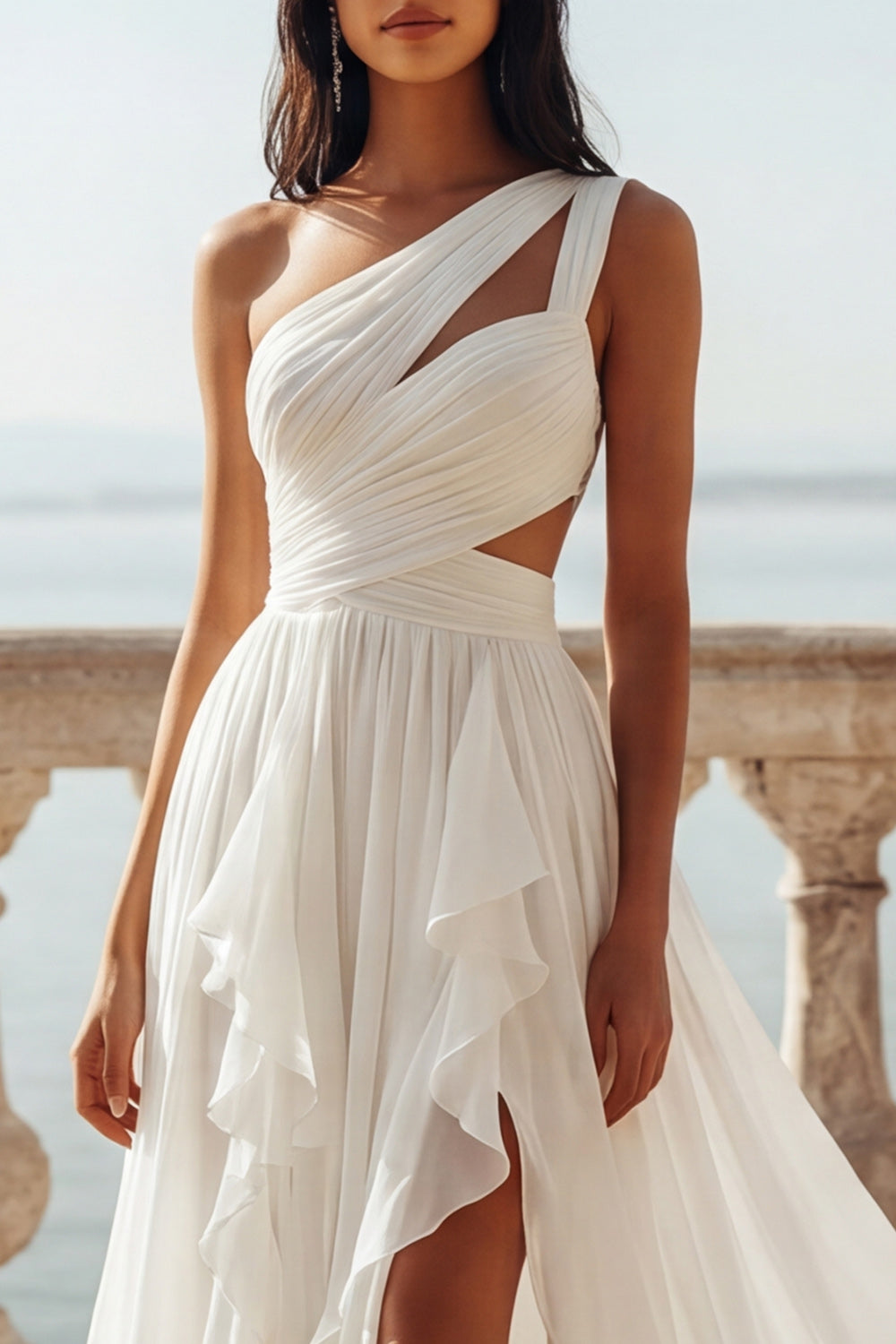 Ruffled Keyhole Ivory A Line Beach Sweep Train Wedding Reception Dress with Slit