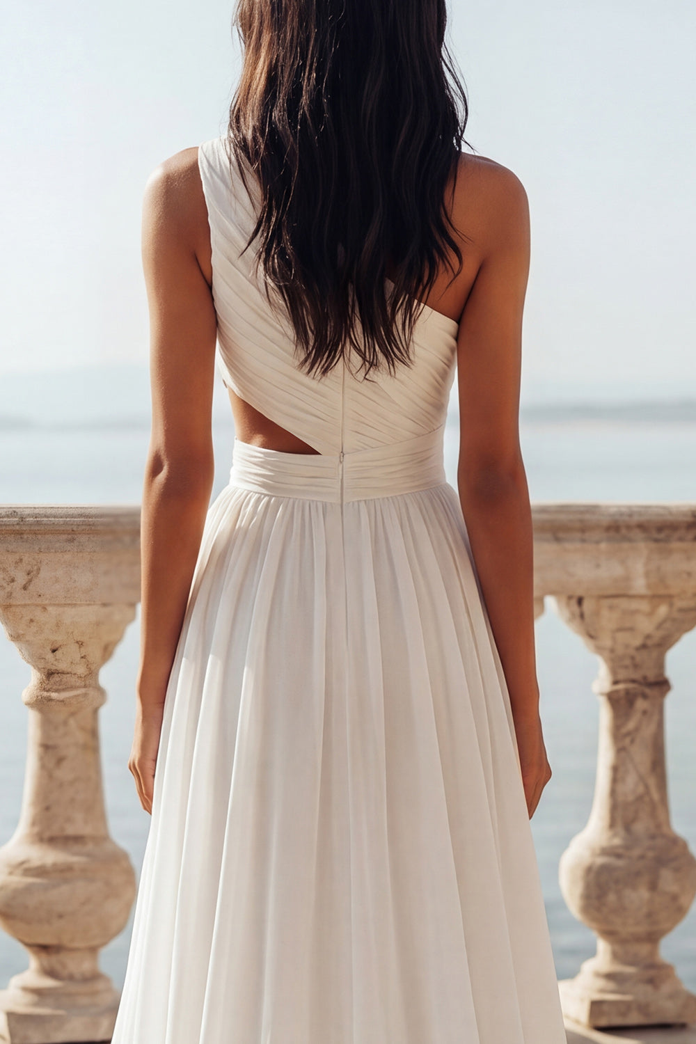 Ruffled Keyhole Ivory A Line Beach Sweep Train Wedding Reception Dress with Slit