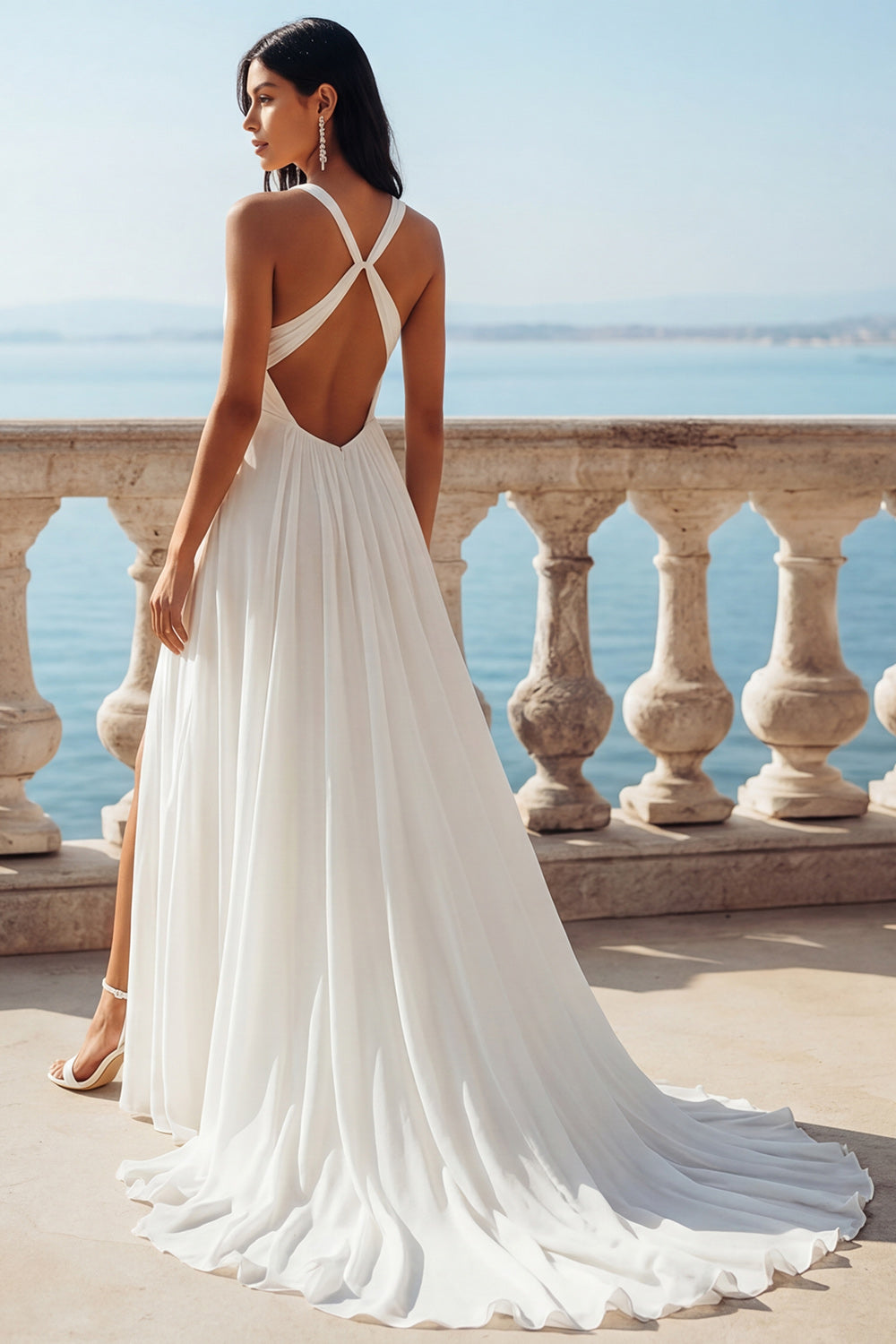 A Line Sweep Train Ruched V-Neck Ivory Beach Wedding Reception Dress with Slit