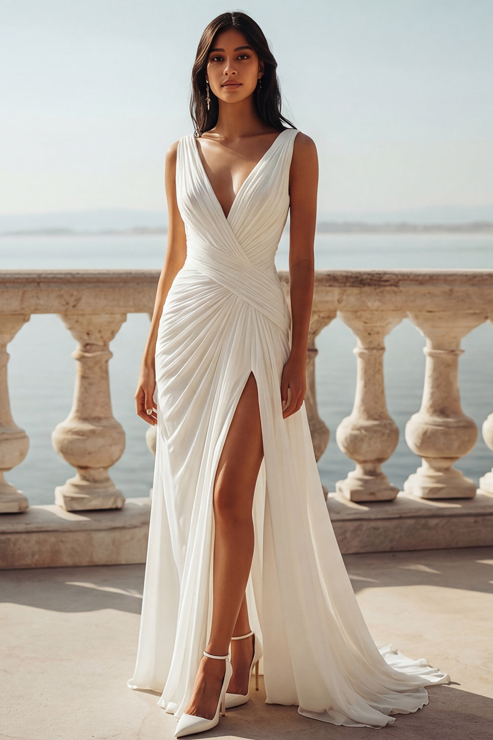 Ivory Ruched Sweep Train V-Neck Beach Bridal Shower Dress with Slit