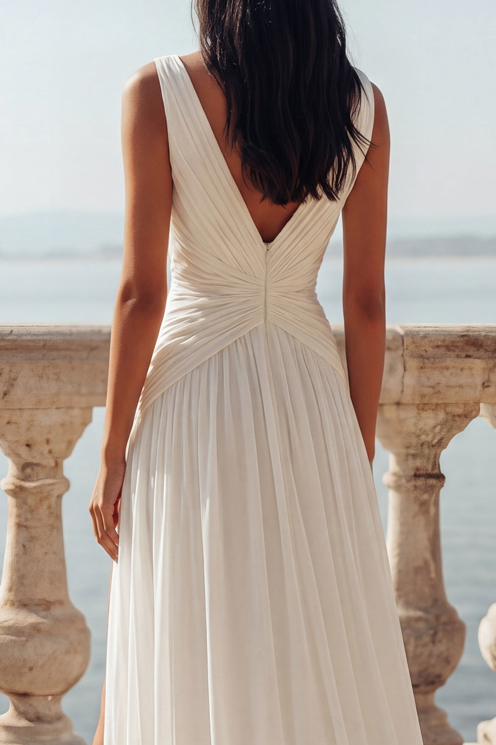 Ivory Ruched Sweep Train V-Neck Beach Bridal Shower Dress with Slit
