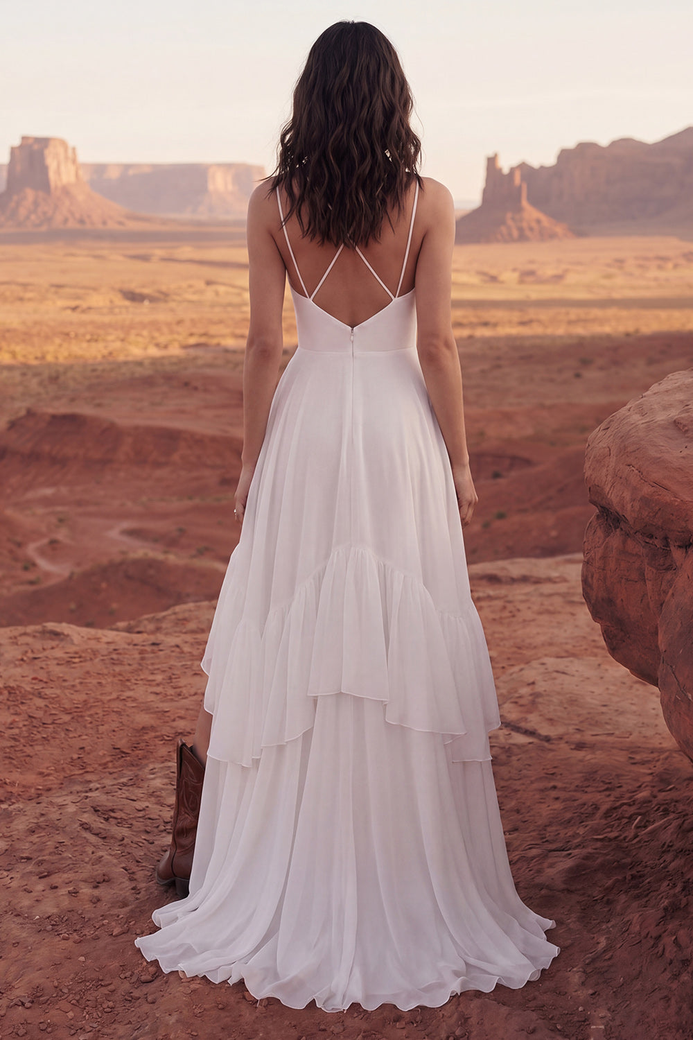 A Line Ivory Sweep Train Ruffled V-Neck Ruched Beach Wedding Reception Dress with Slit