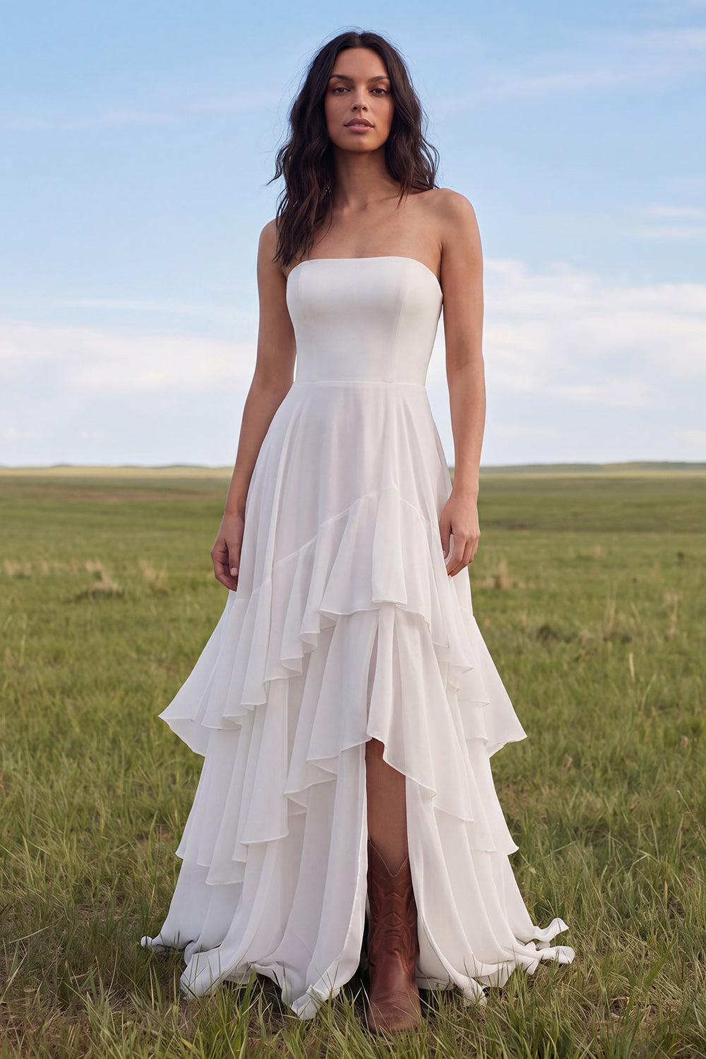 Ivory Strapless A Line Sweep Train Ruffled Beach Engagement Dress with Slit