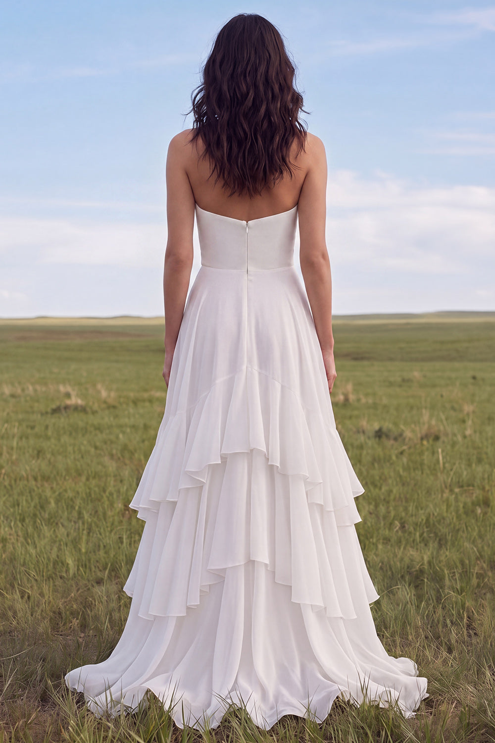 Ivory Strapless A Line Sweep Train Ruffled Beach Engagement Dress with Slit